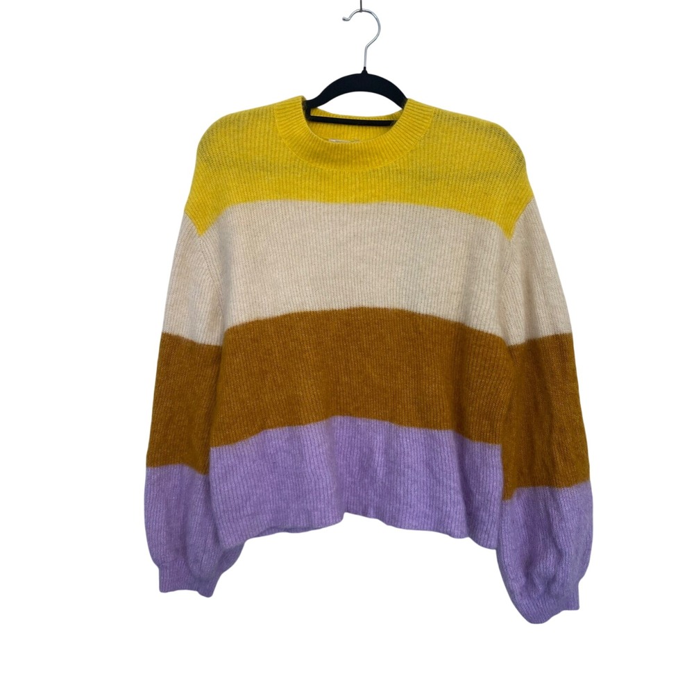 HM Mohair Wool Blend Striped Sweater Yellow Purple Brown Small Oversized Knit